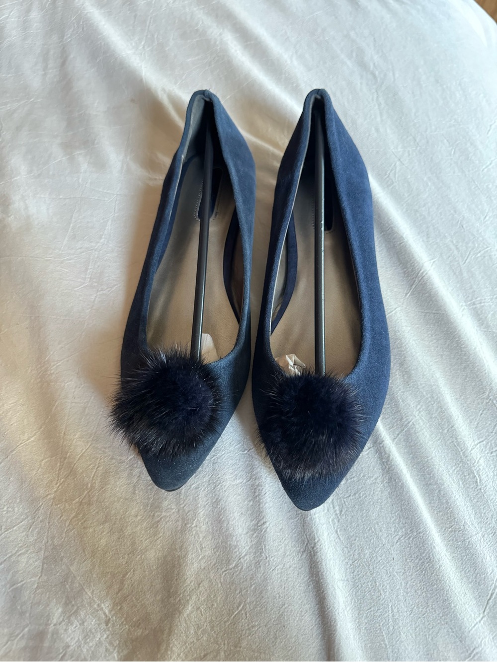 Avon Navy Suede Pointed Toe Flats with Pom Pom